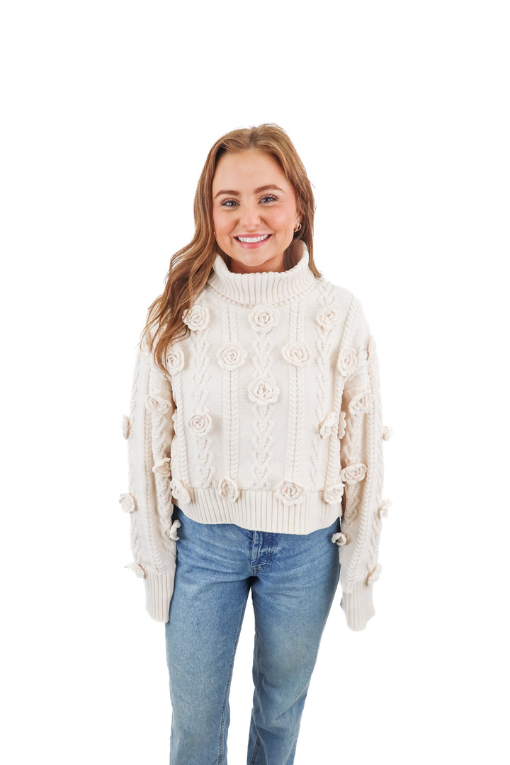 For Love and Lemons cream floral crochet knit turtleneck sweater (M; retail $229)