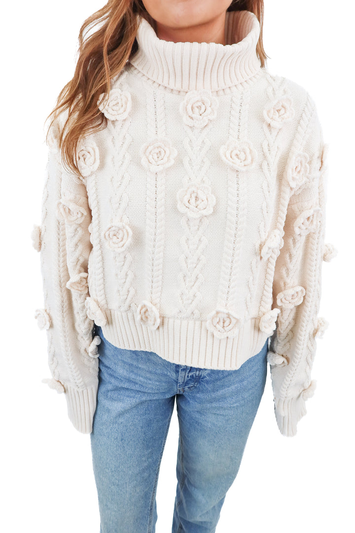 For Love and Lemons cream floral crochet knit turtleneck sweater (M; retail $229)