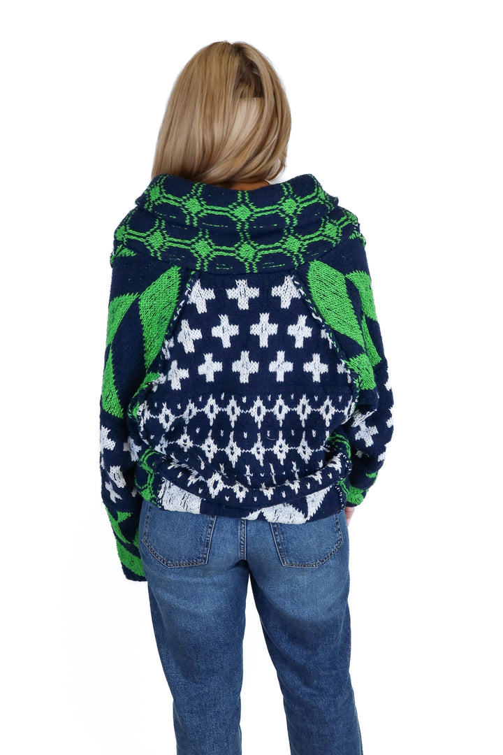 Free People Navy, Green and White Multi-Patterned Cardigan (XS)