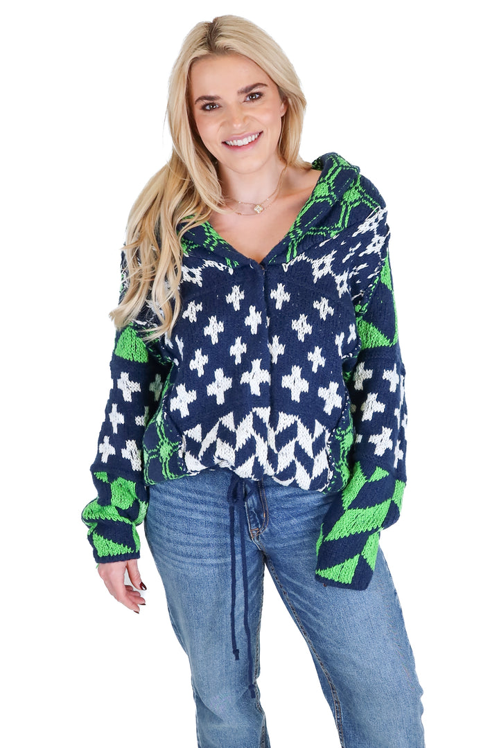 Free People Navy, Green and White Multi-Patterned Cardigan (XS)