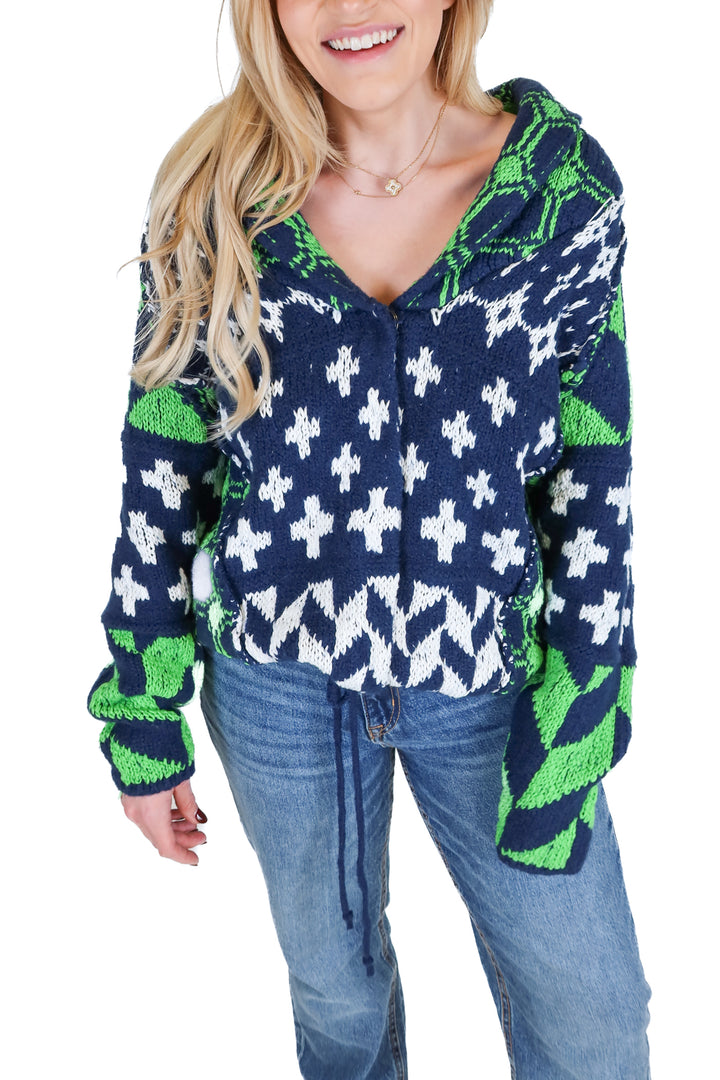 Free People Navy, Green and White Multi-Patterned Cardigan (XS)