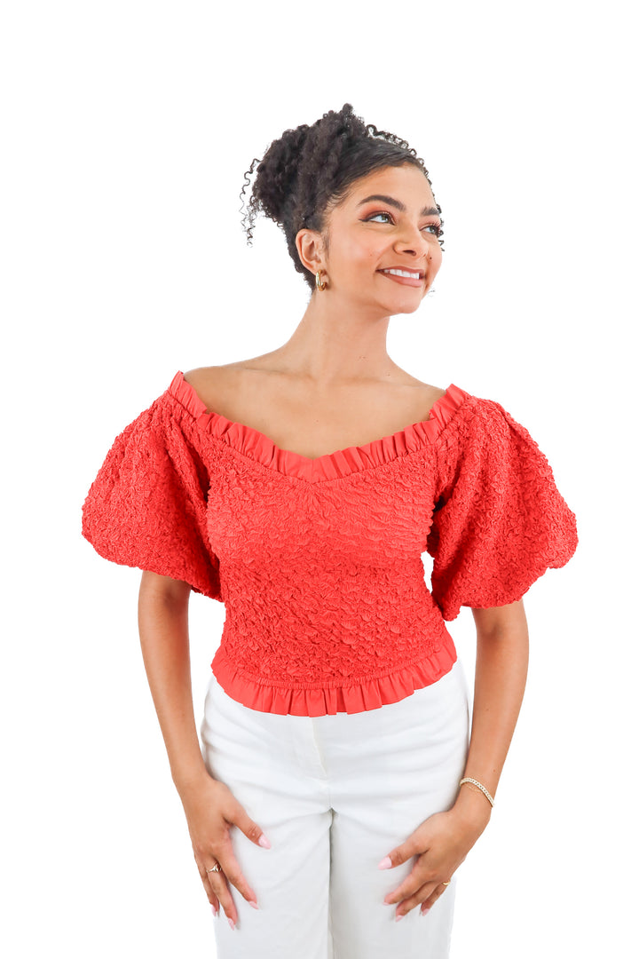 Show Me Your Mumu red popcorn puff sleeve top (S; retail $128)