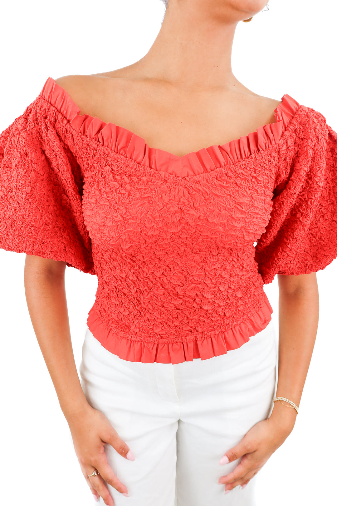 Show Me Your Mumu red popcorn puff sleeve top (S; retail $128)