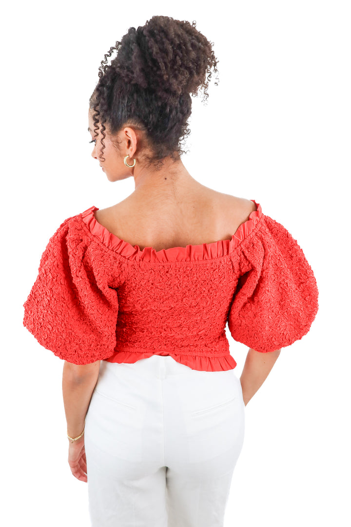 Show Me Your Mumu red popcorn puff sleeve top (S; retail $128)