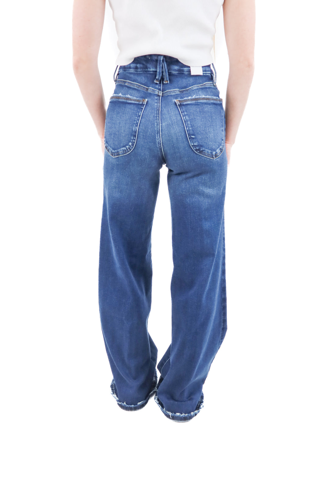 good american dark wash good waist palazzo raw hem jeans nwt (0; retail $178)