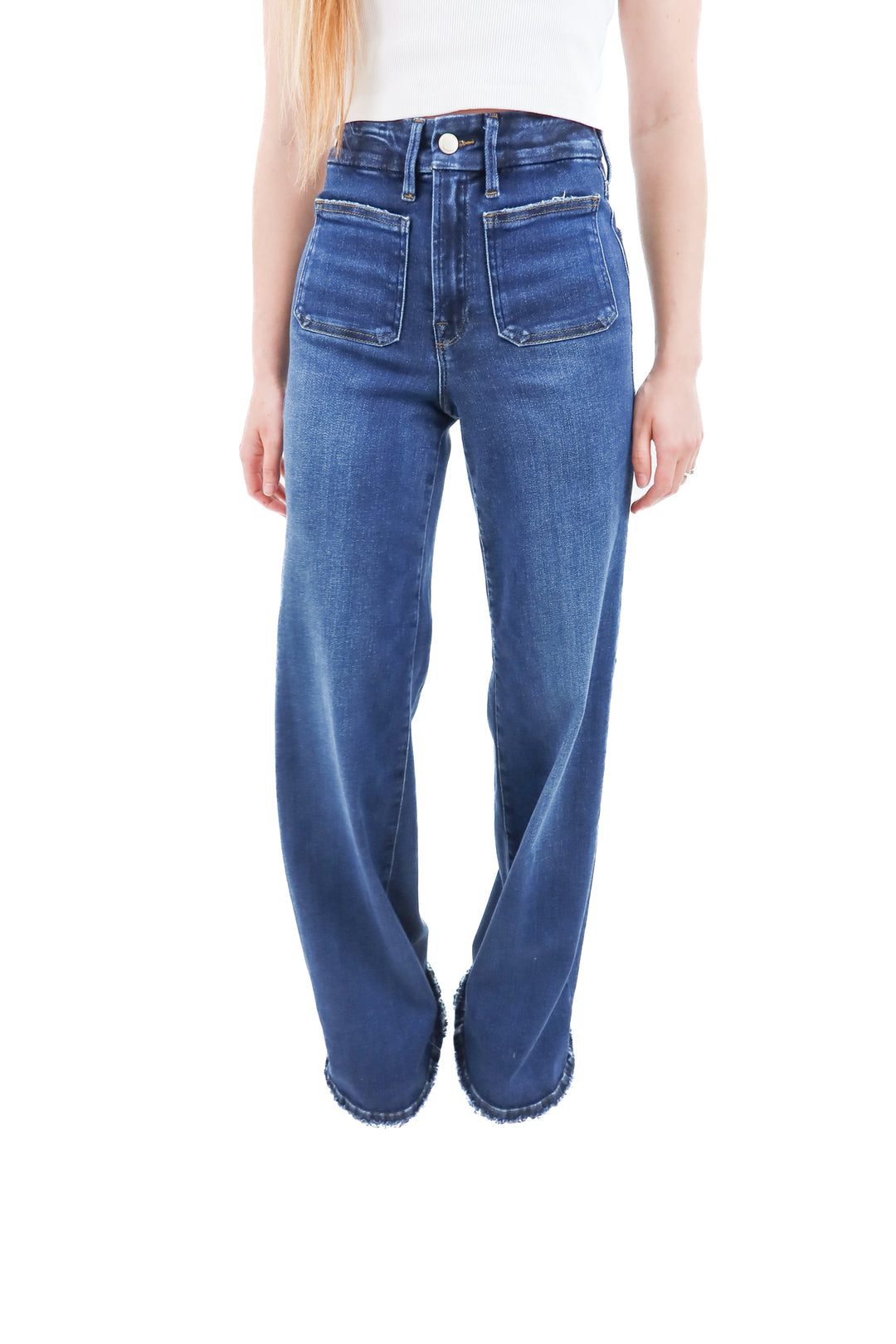 good american dark wash good waist palazzo raw hem jeans nwt (0; retail $178)