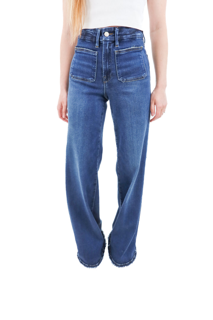 good american dark wash good waist palazzo raw hem jeans nwt (0; retail $178)