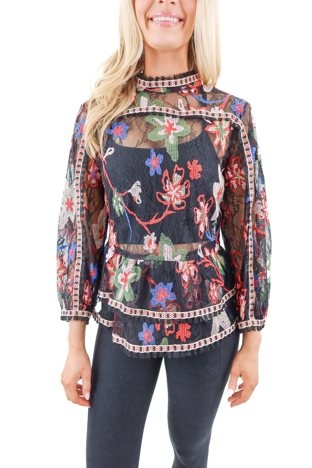 anna sui black lace sheer top with floral embroidery nwt (m)