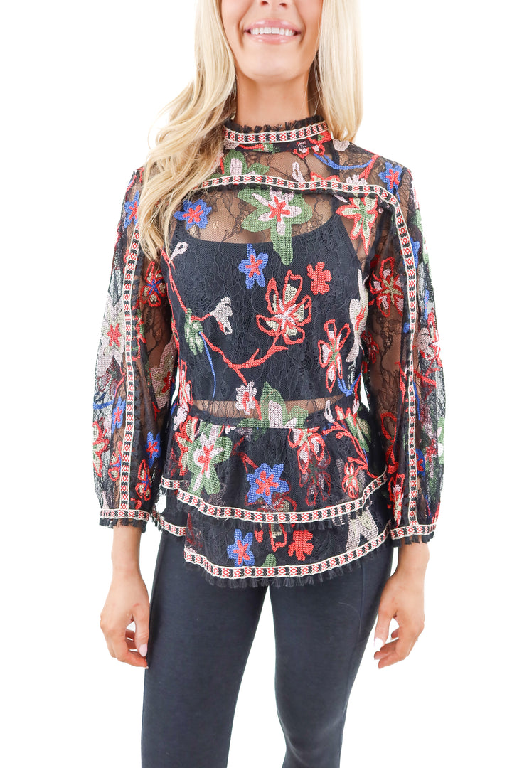 anna sui black lace sheer top with floral embroidery nwt (m)