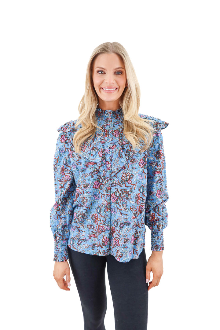 loft blue floral print mock neck blouse (m)