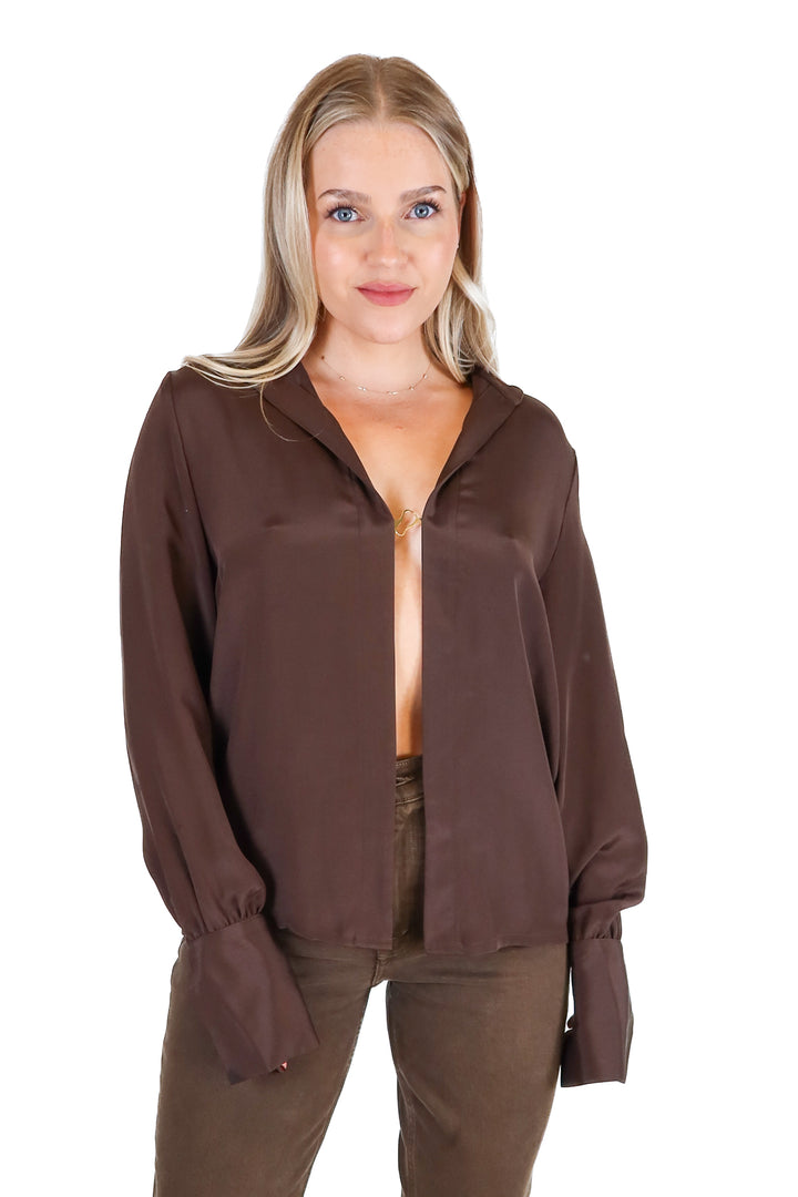 Artless Dark Brown Silk Open Collared Top (S)