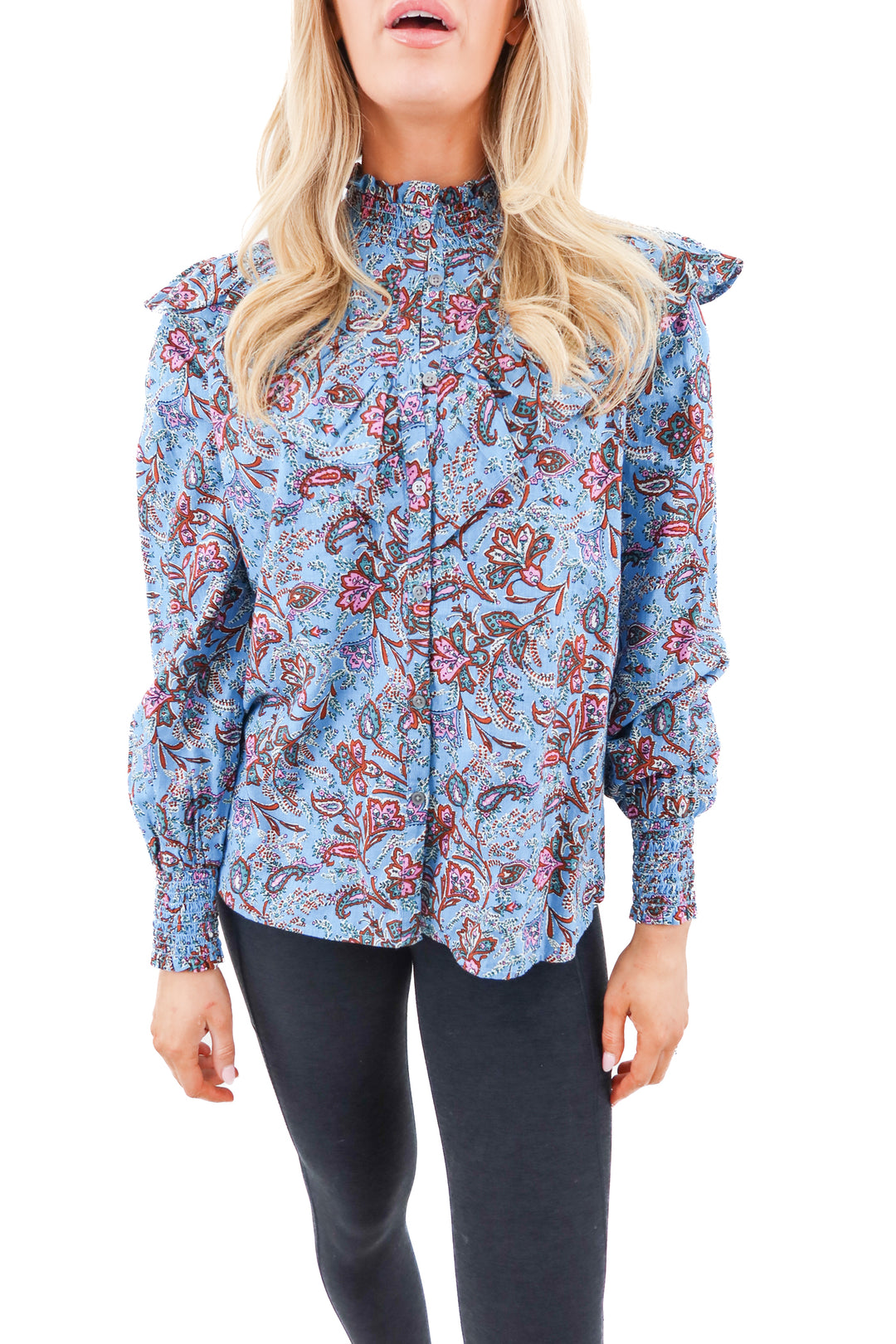 loft blue floral print mock neck blouse (m)