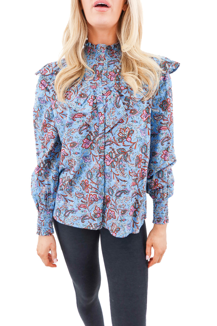 loft blue floral print mock neck blouse (m)