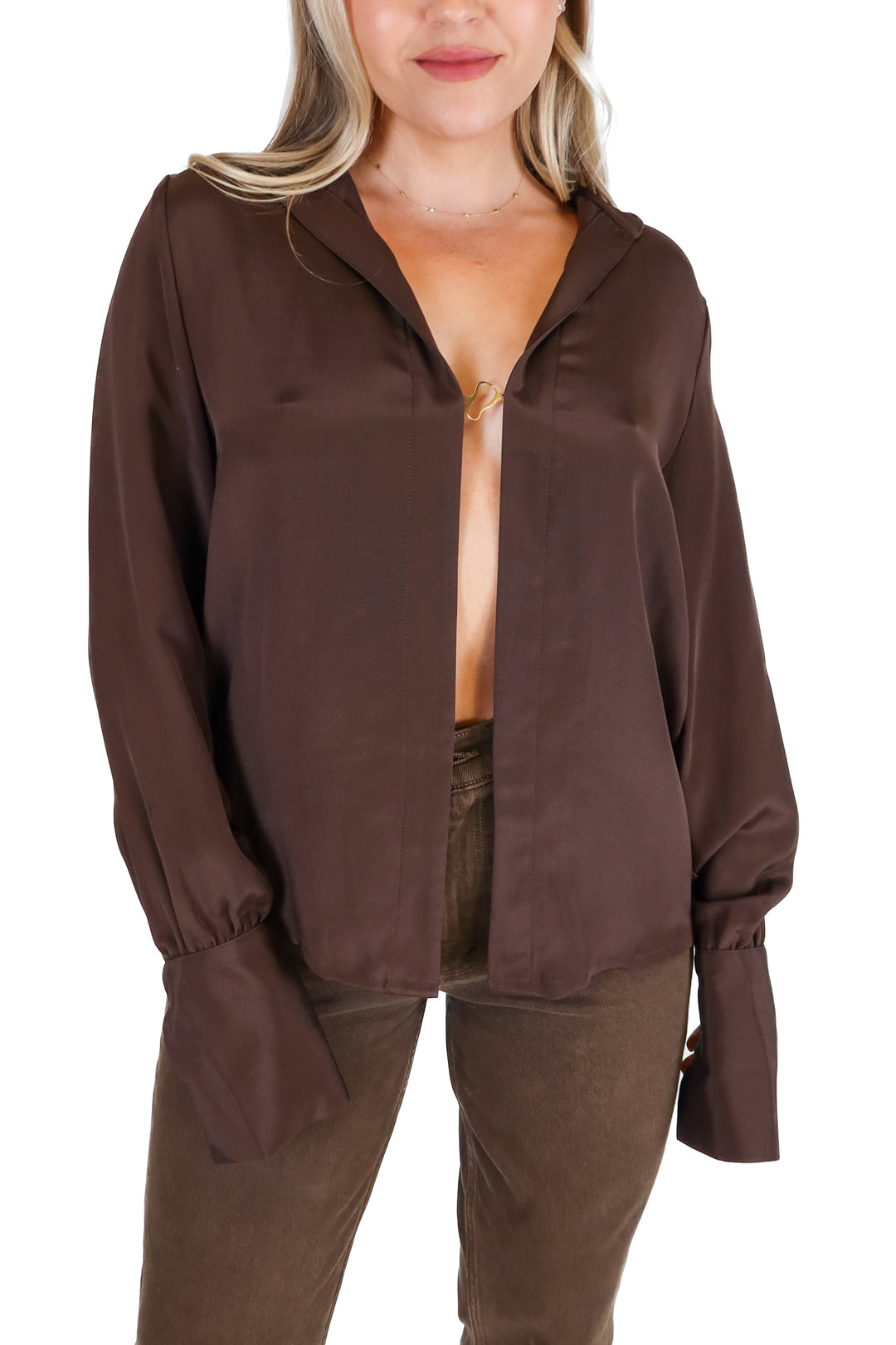 Artless Dark Brown Silk Open Collared Top (S)