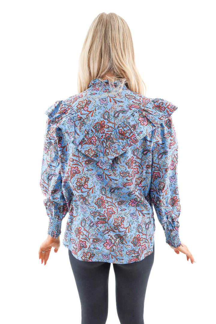 loft blue floral print mock neck blouse (m)