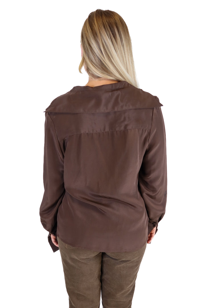 Artless Dark Brown Silk Open Collared Top (S)