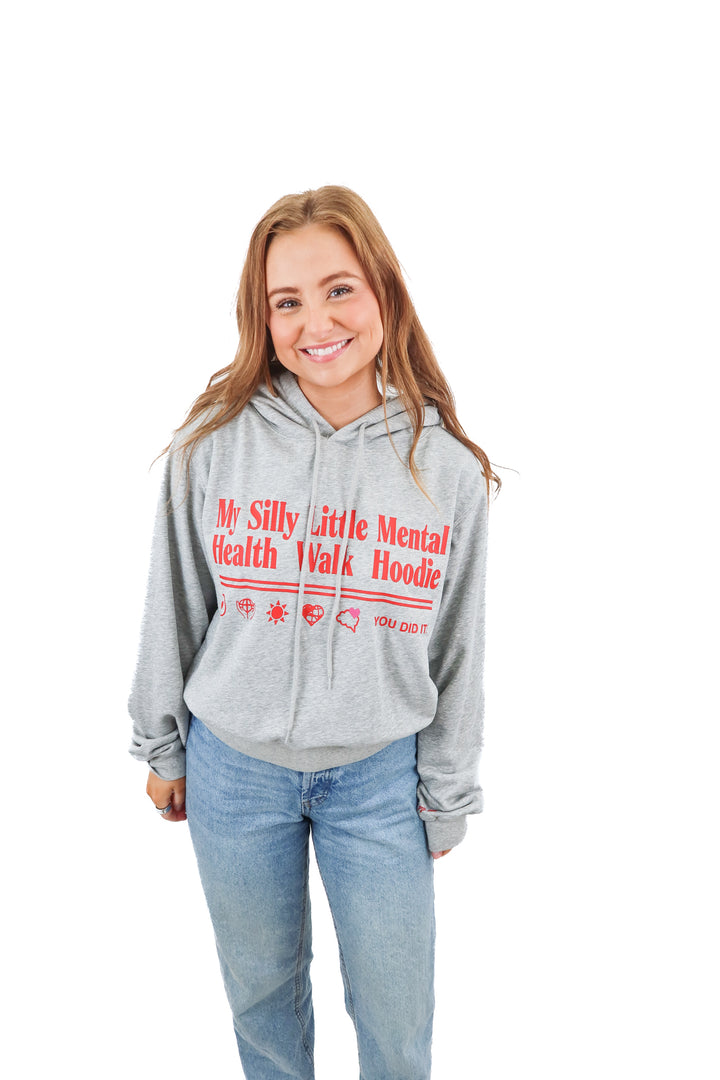 The Mayfair Group grey "my silly little mental health walk hoodie" (S/M; retail $118)