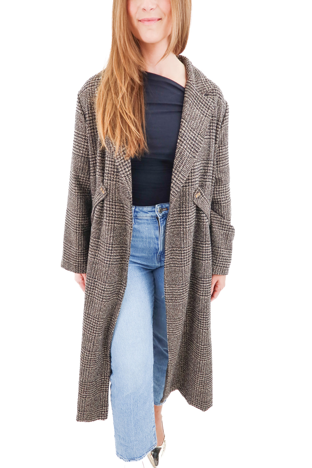 brown/black houndstooth long coat (s)