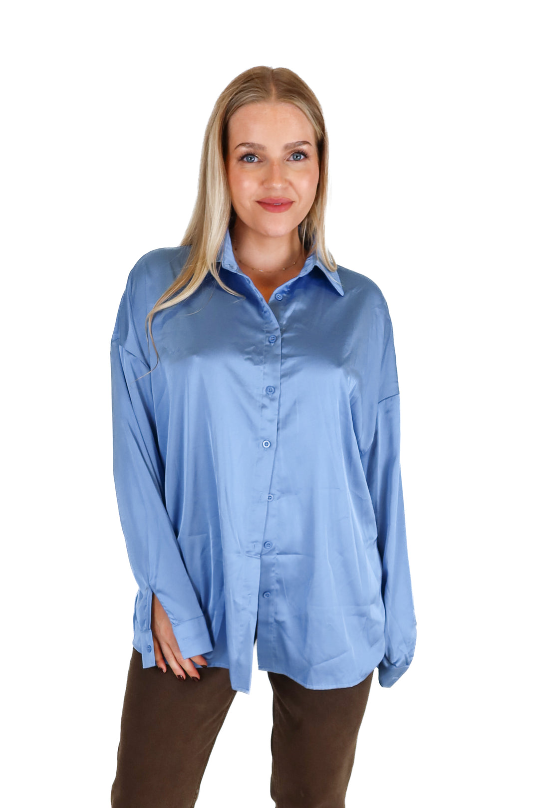 Slate Blue Satin Button Down Top (L)