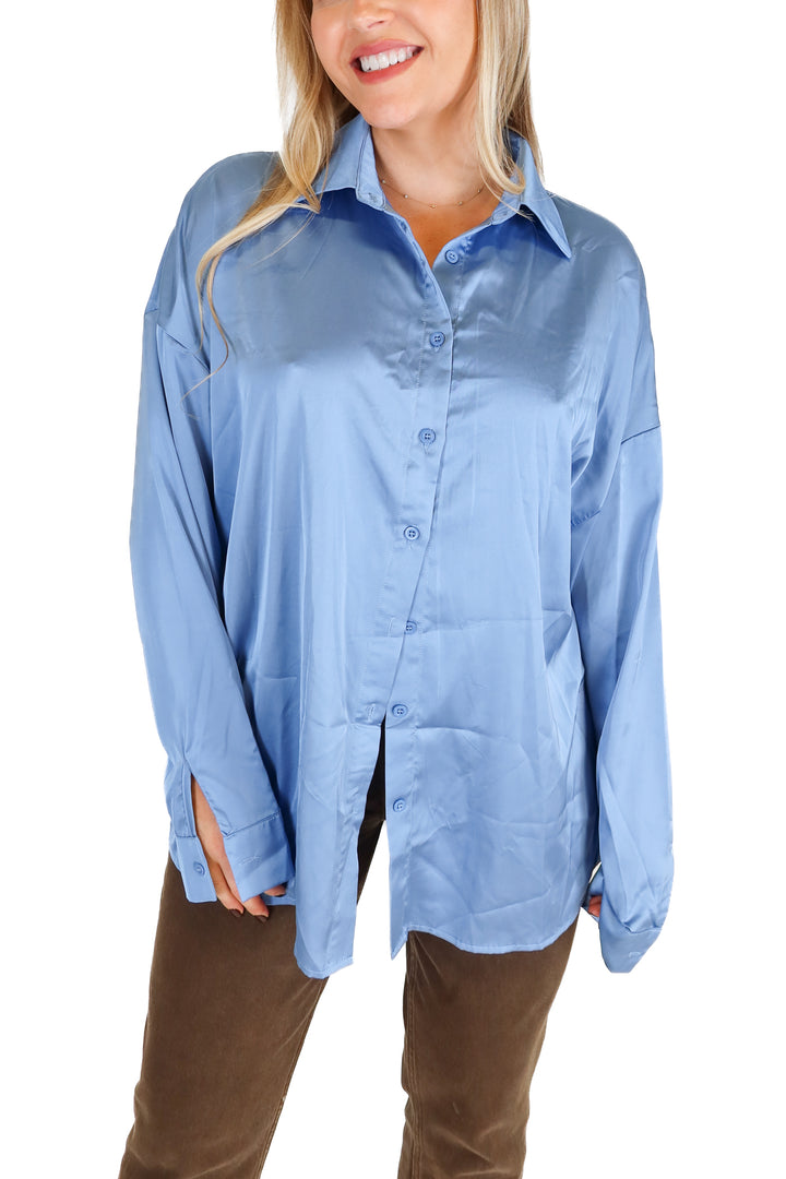 Slate Blue Satin Button Down Top (L)