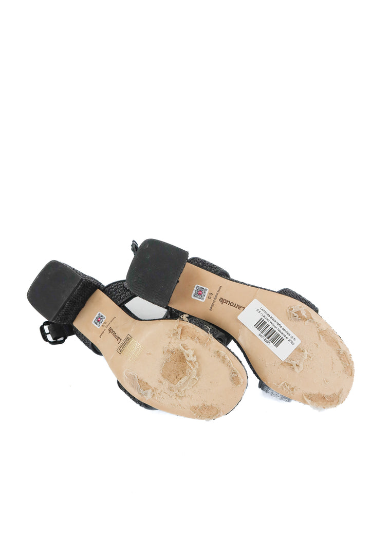 Larroude black raffia sandals (6.5; retail $215)