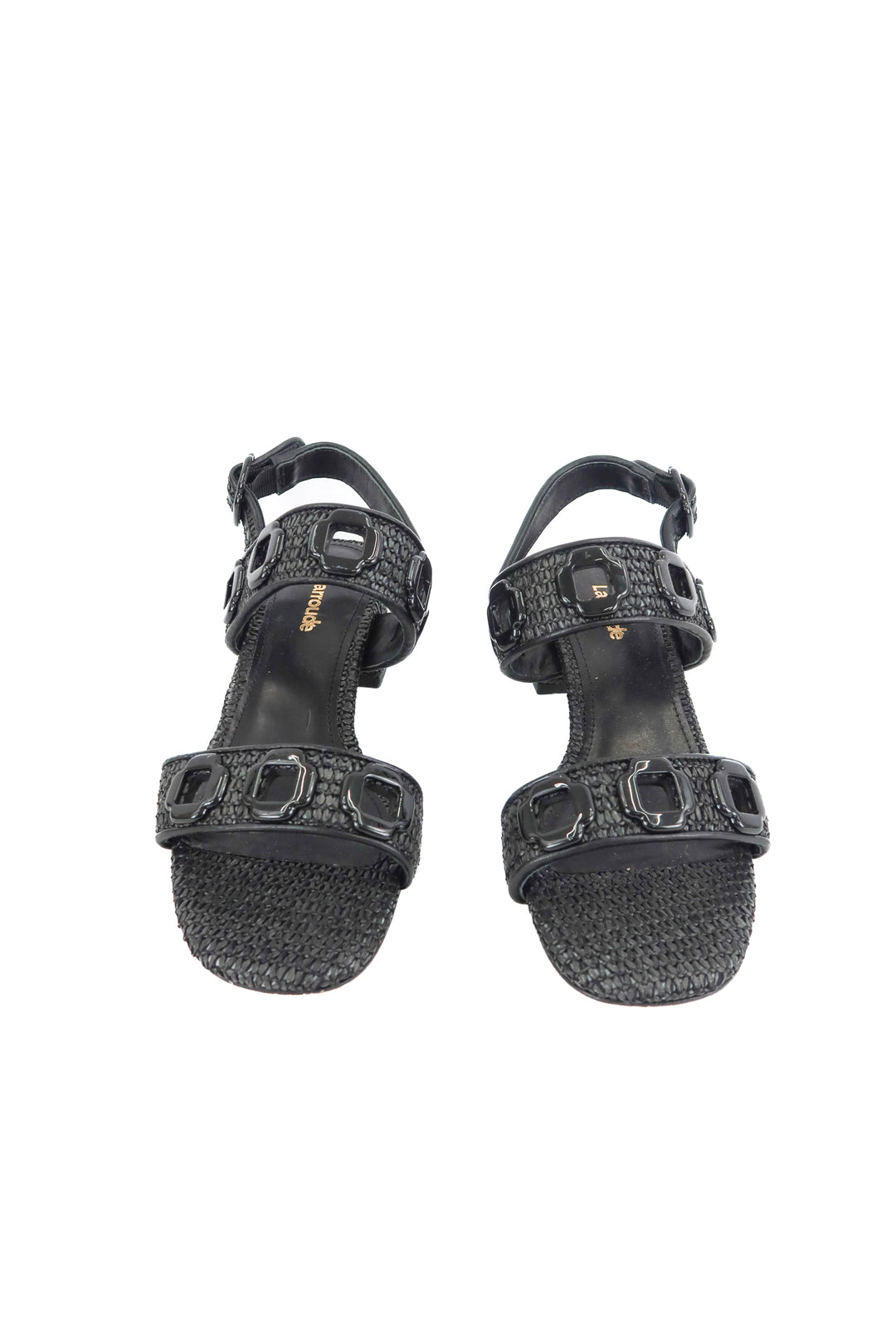 Larroude black raffia sandals (6.5; retail $215)