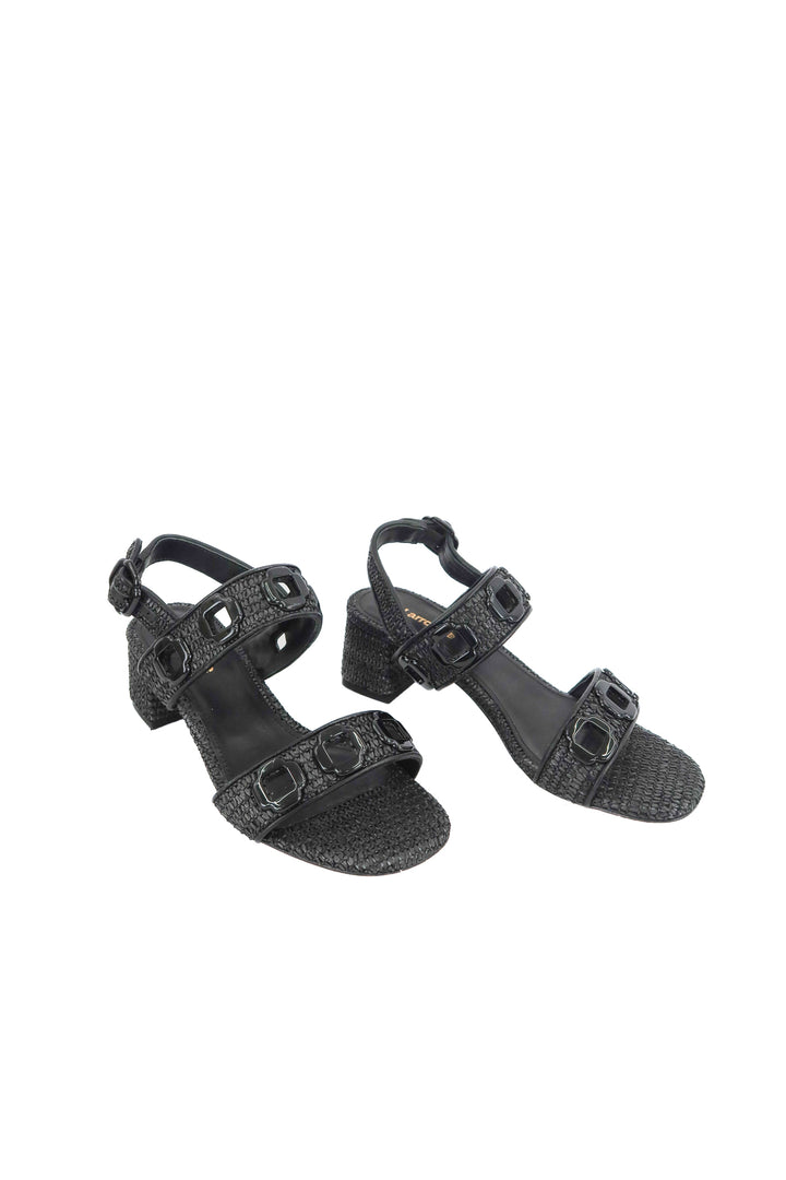 Larroude black raffia sandals (6.5; retail $215)