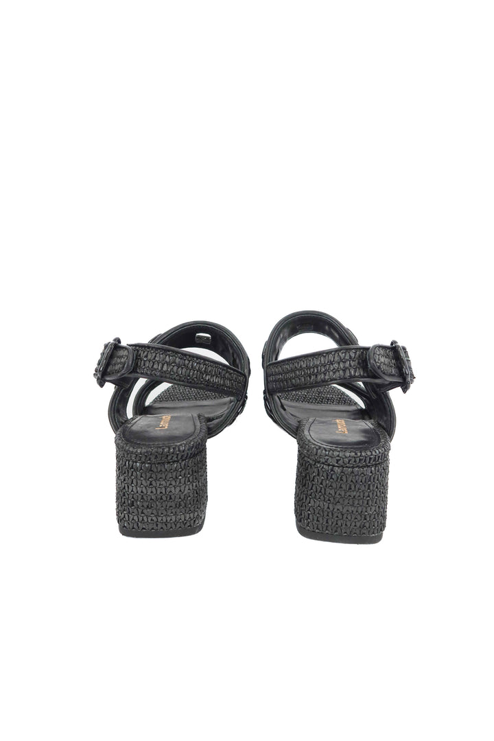 Larroude black raffia sandals (6.5; retail $215)