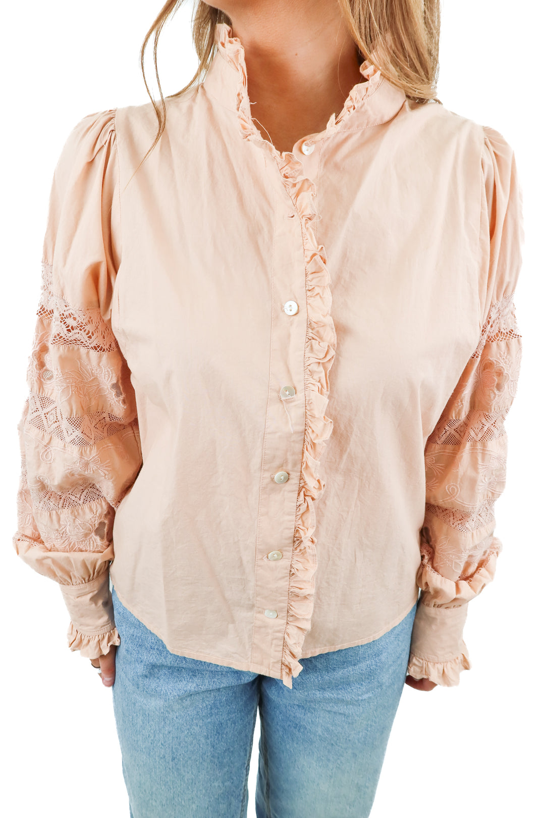 Love the Label blush pink lace embroidered long sleeve blouse (XS; retail $395)