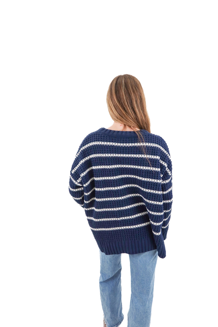 pink rose blue/white stripe chenille sweater (m)