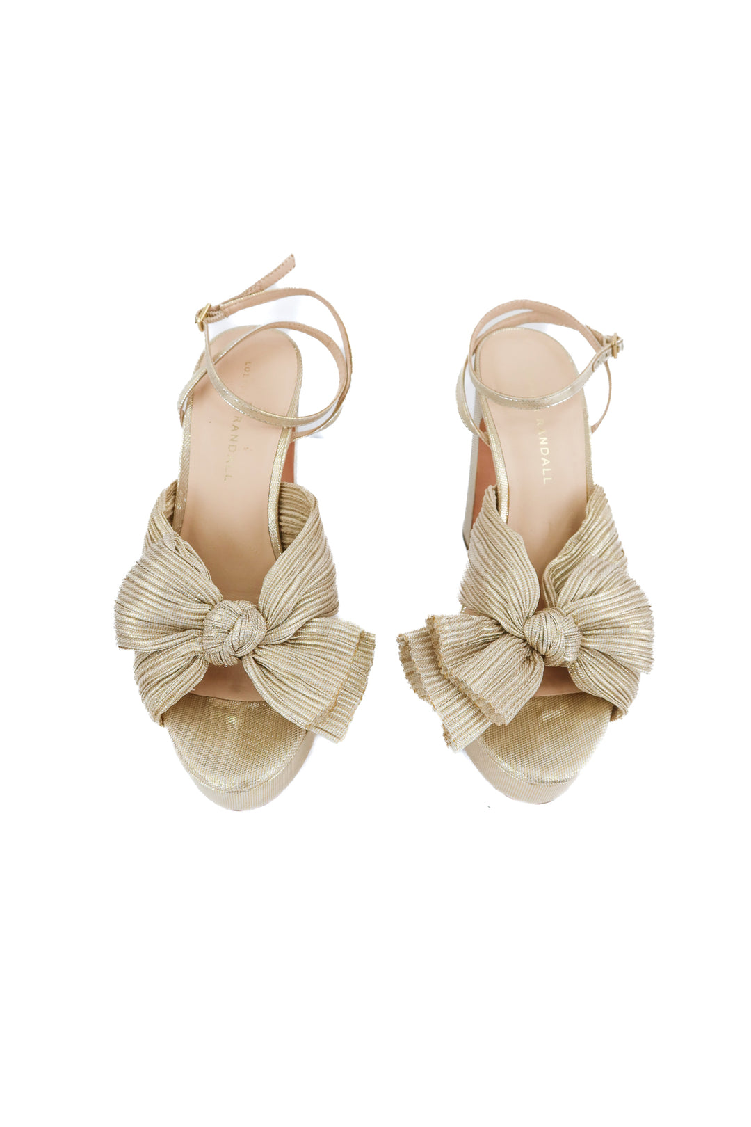 Loeffler Randall gold metallic bow sandals (7; retail $395)