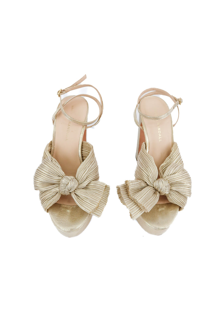 Loeffler Randall gold metallic bow sandals (7; retail $395)