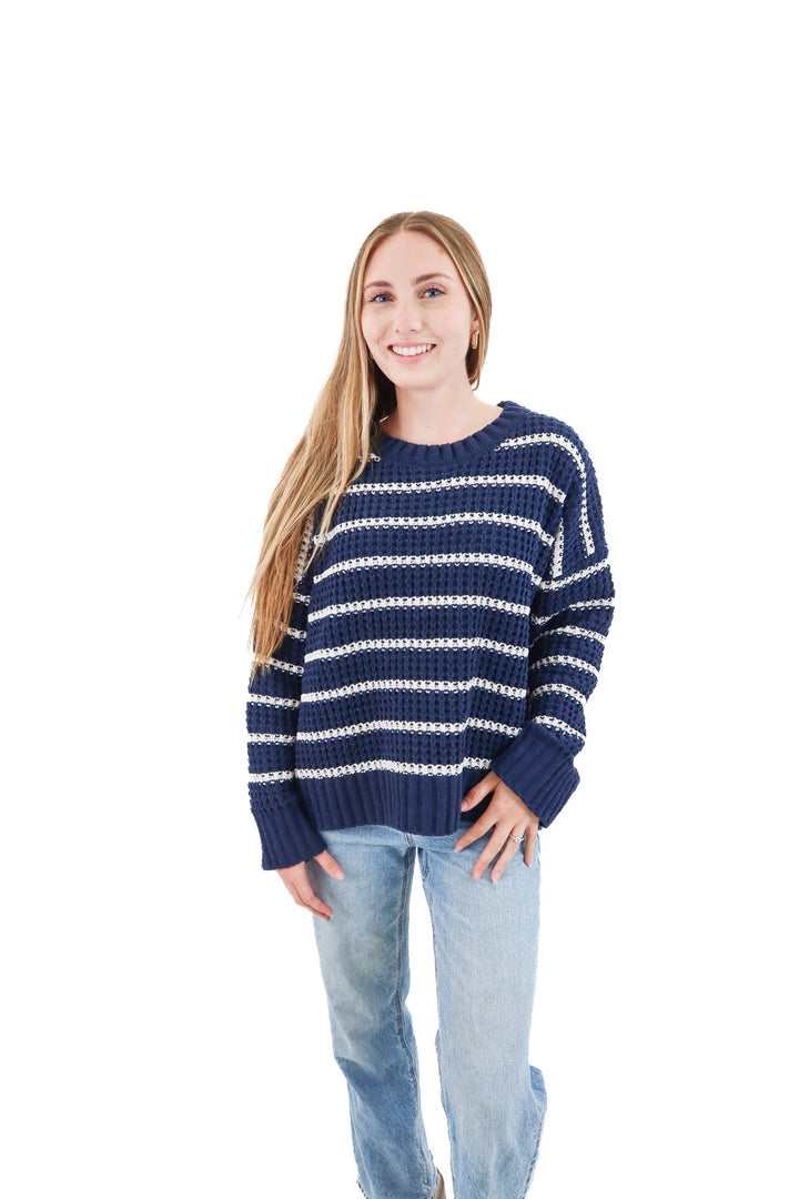 pink rose blue/white stripe chenille sweater (m)