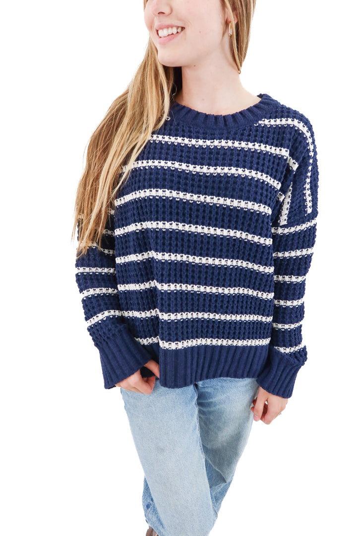 pink rose blue/white stripe chenille sweater (m)