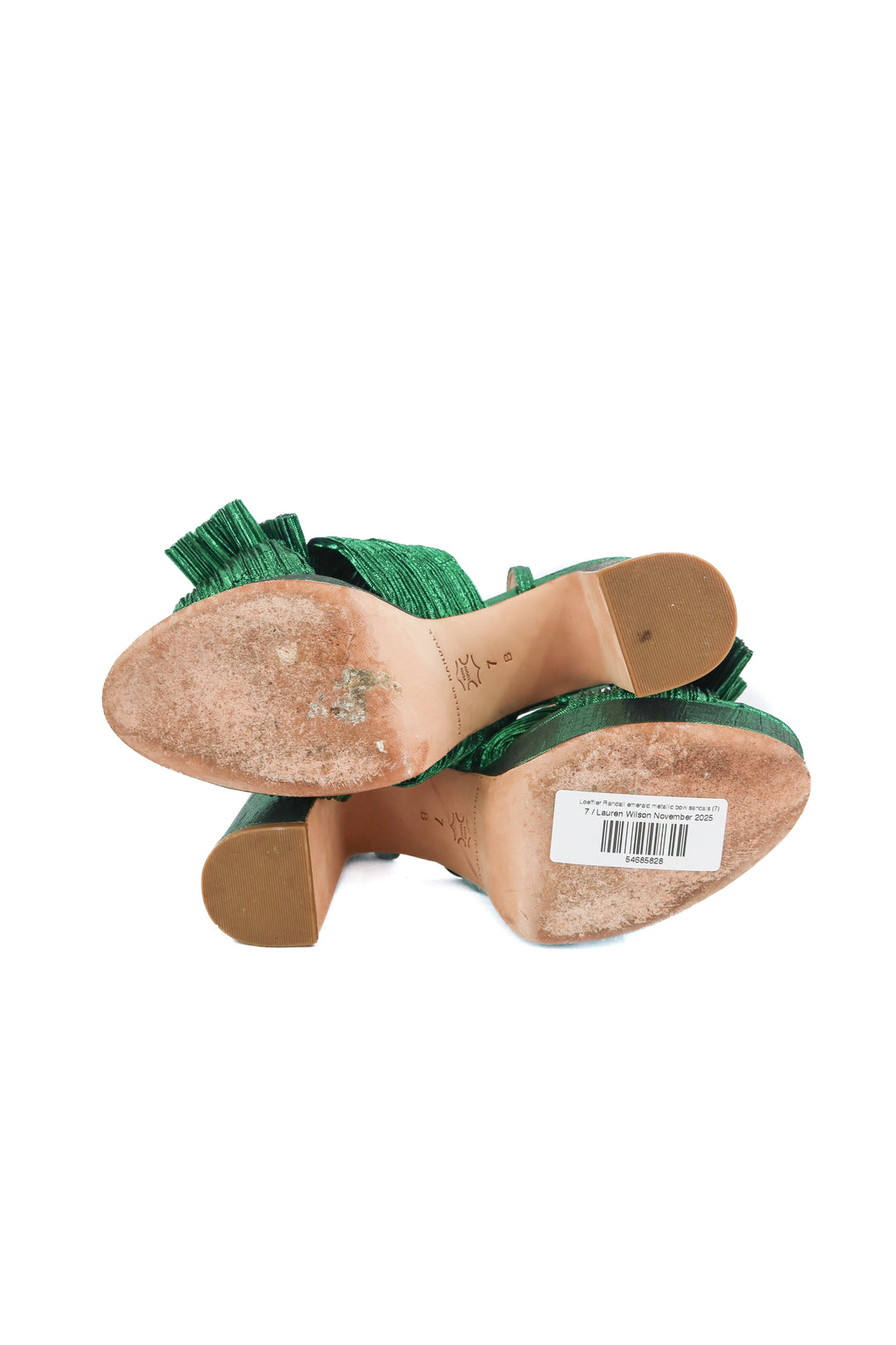 Loeffler Randall emerald metallic bow sandals (7; retail $395)