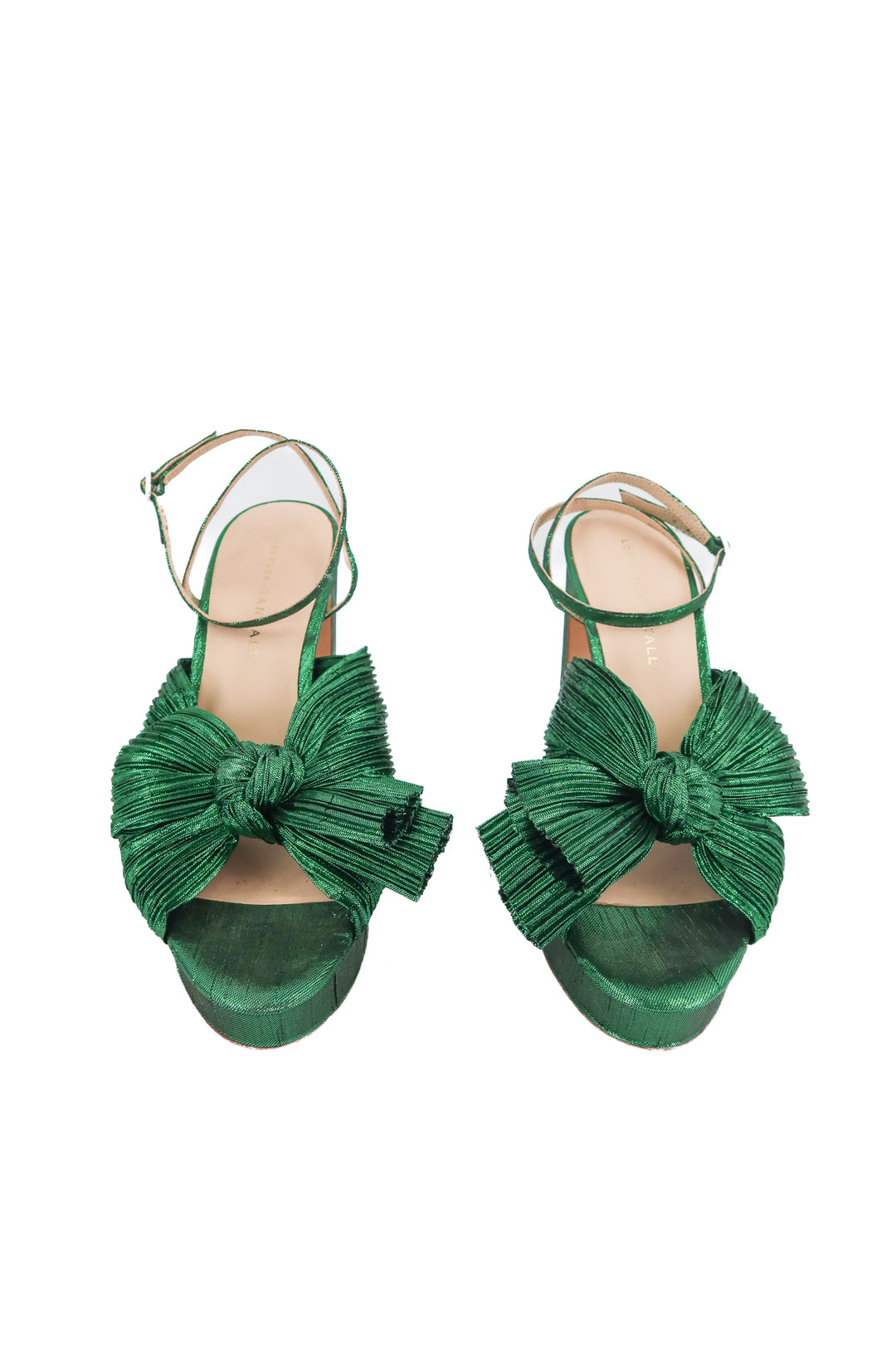 Loeffler Randall emerald metallic bow sandals (7; retail $395)
