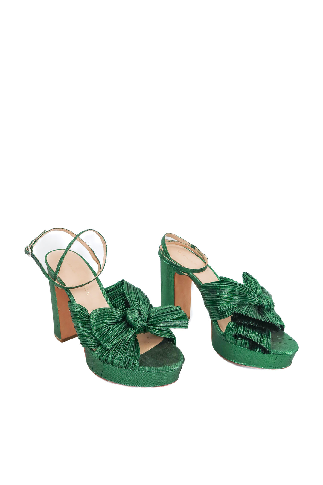 Loeffler Randall emerald metallic bow sandals (7; retail $395)