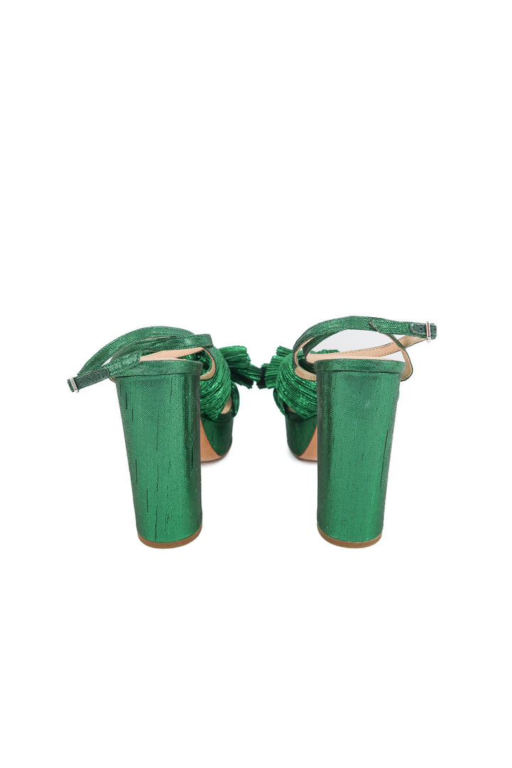 Loeffler Randall emerald metallic bow sandals (7; retail $395)