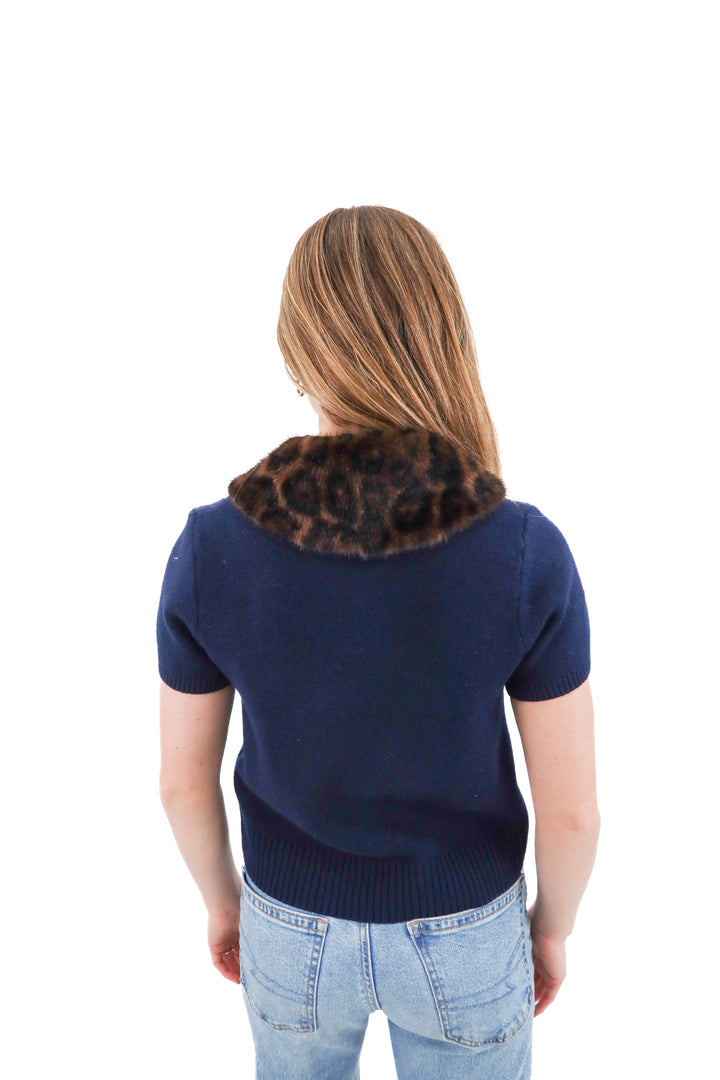 zara blue knit short sleeve top w/ removable faux fur collar trim (s)