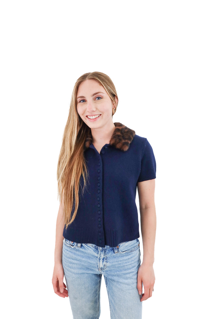 zara blue knit short sleeve top w/ removable faux fur collar trim (s)