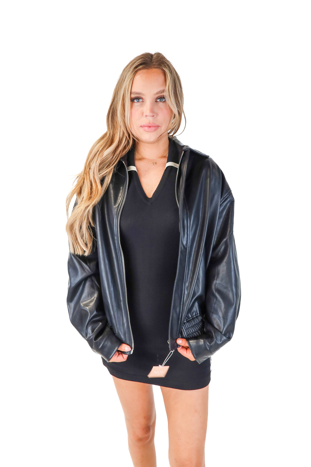 SOLD: Miss lola black vegan leather bomber jacket NWT (L)