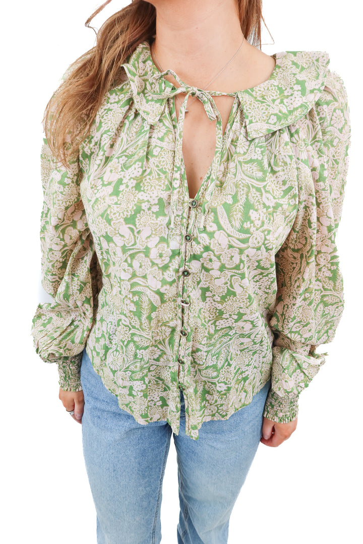 by Anthropologie green/pink floral long sleeve ruffle top NWT (XS; retail $109)