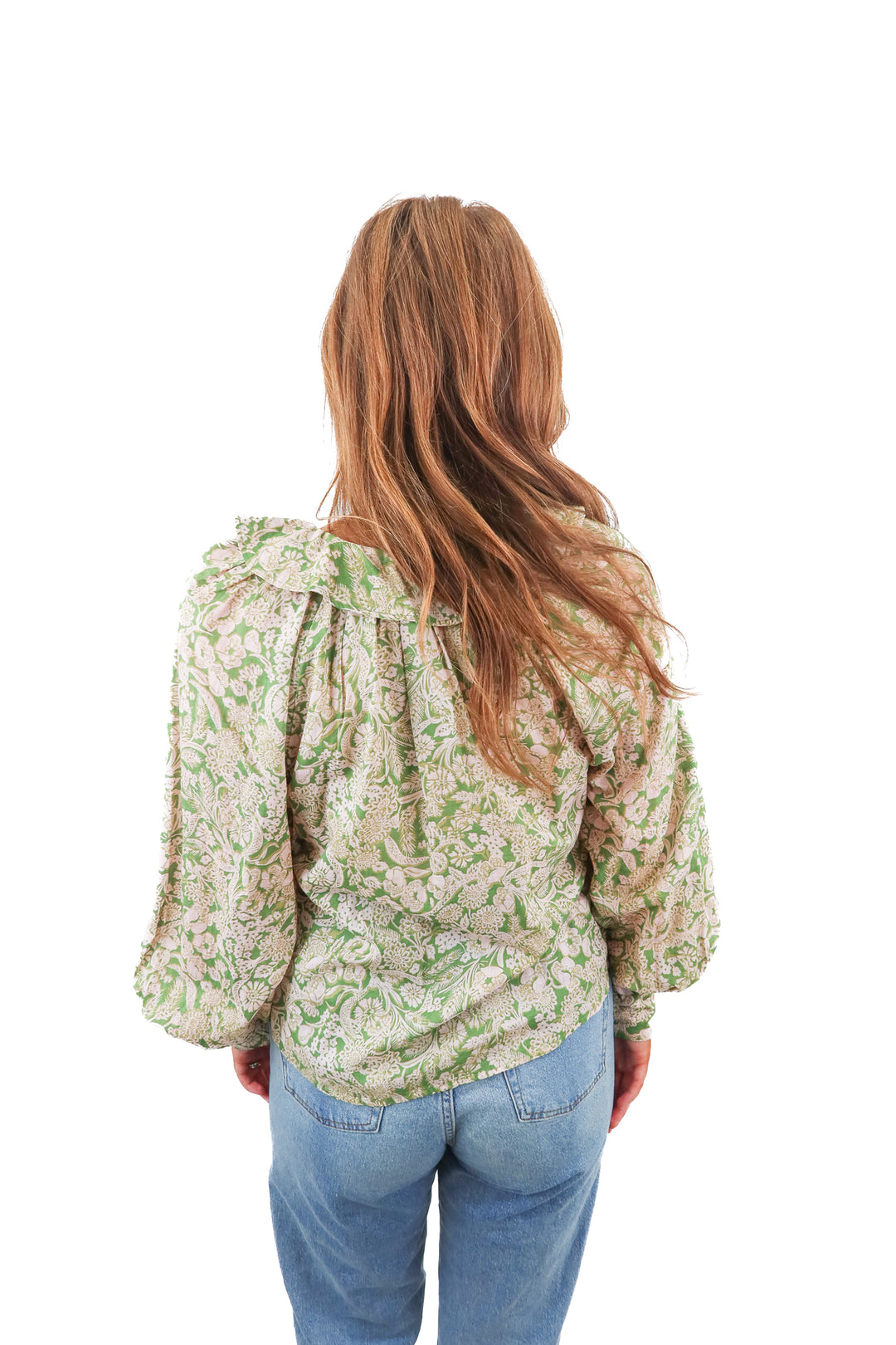 by Anthropologie green/pink floral long sleeve ruffle top NWT (XS; retail $109)