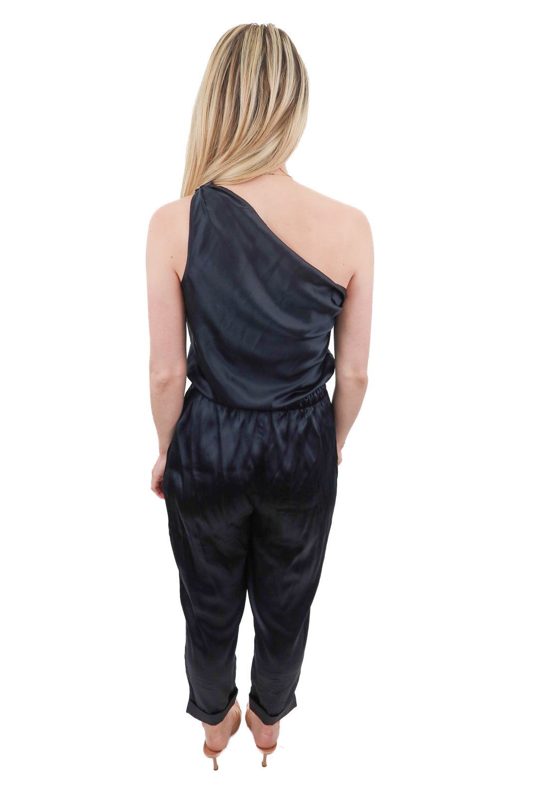 CAMI black silk one shoulder jumpsuit (XS)