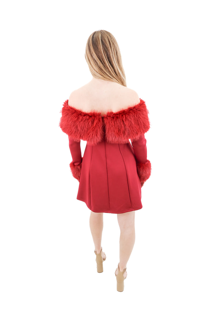 red off shoulder faux fur trim mini dress (s)