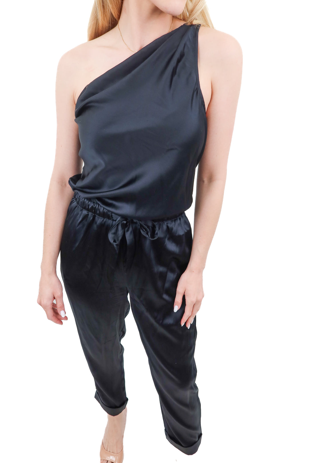 CAMI black silk one shoulder jumpsuit (XS)