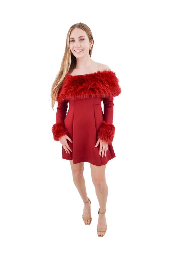 red off shoulder faux fur trim mini dress (s)