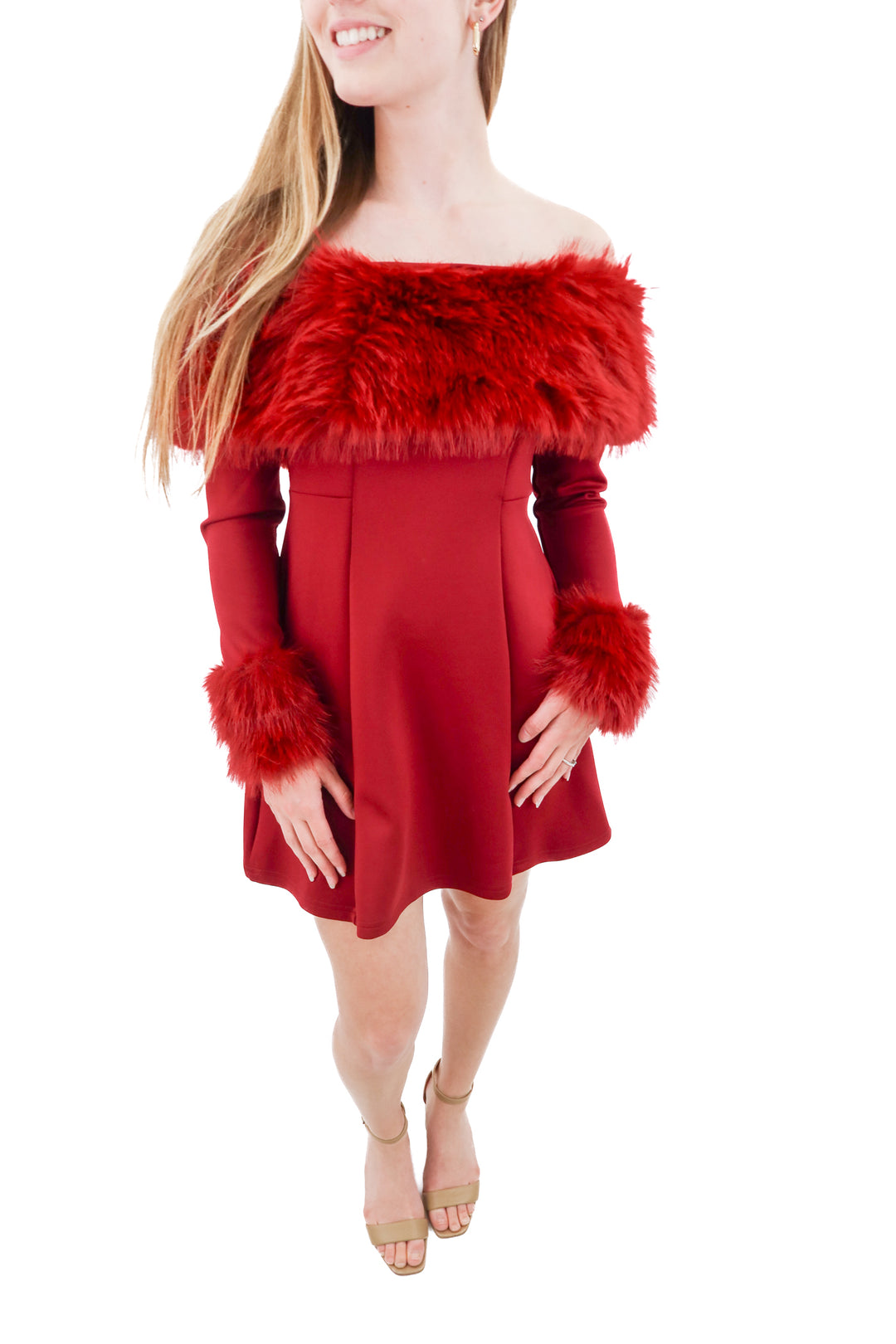 red off shoulder faux fur trim mini dress (s)