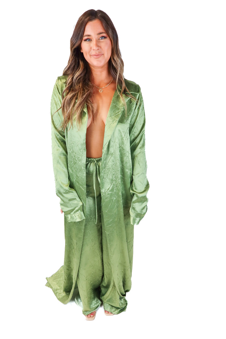 green crinkled pant and jacket set (M)