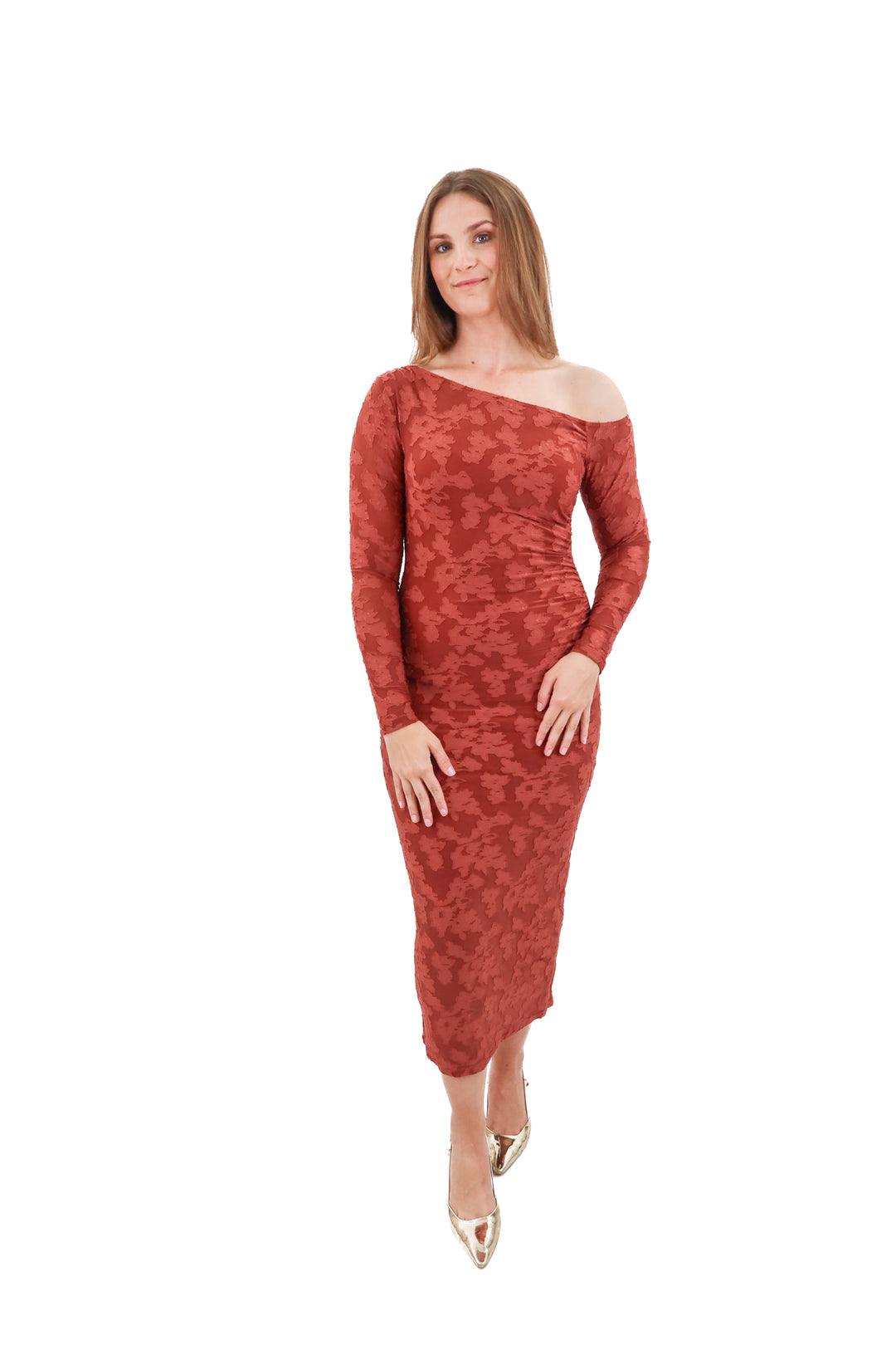 zesica clay off shoulder long sleeve dress (s; retail $48)